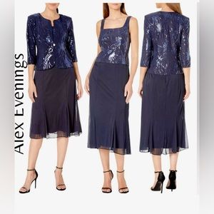EUC Alex Evenings Navy Blue Two Piece Sequins dress & jacket lined chiffon skirt